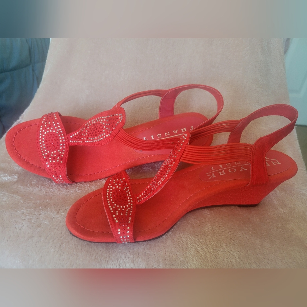 Womens red and rhinestone wedge heel